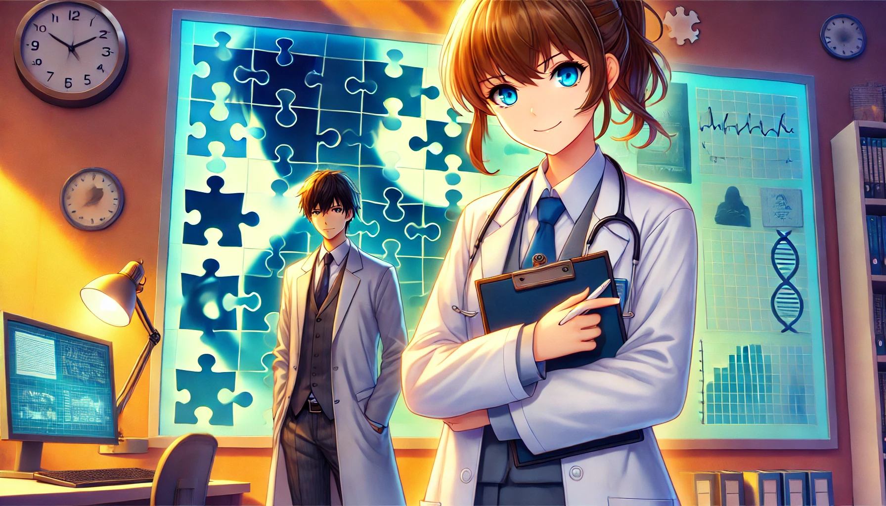 診察室で佇む若い男性医師と女医