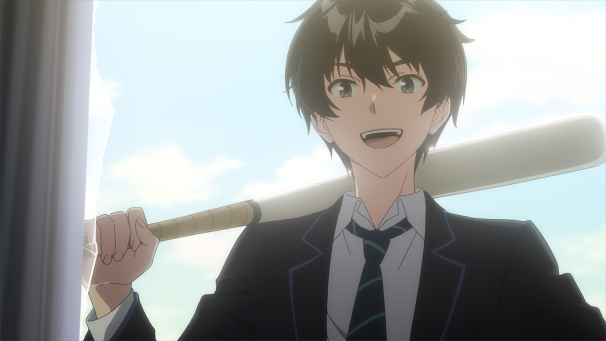 バットを肩に背負って話す制服姿の千歳朔