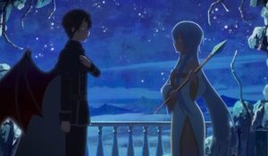 満天の星空の下、雪が積もったバルコニーで向き合う男（左）とヒロイン（右）。男は胸に手を当て、ヒロインは槍を手に持っている。 Seven Arcs特有の美しい光の演出が、二人の静かでピュアな関係性を際立たせている。